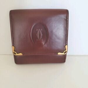 Cartier Vintage Mini Coin Holder Wallet Bordeaux Leather Small Red Burgundy